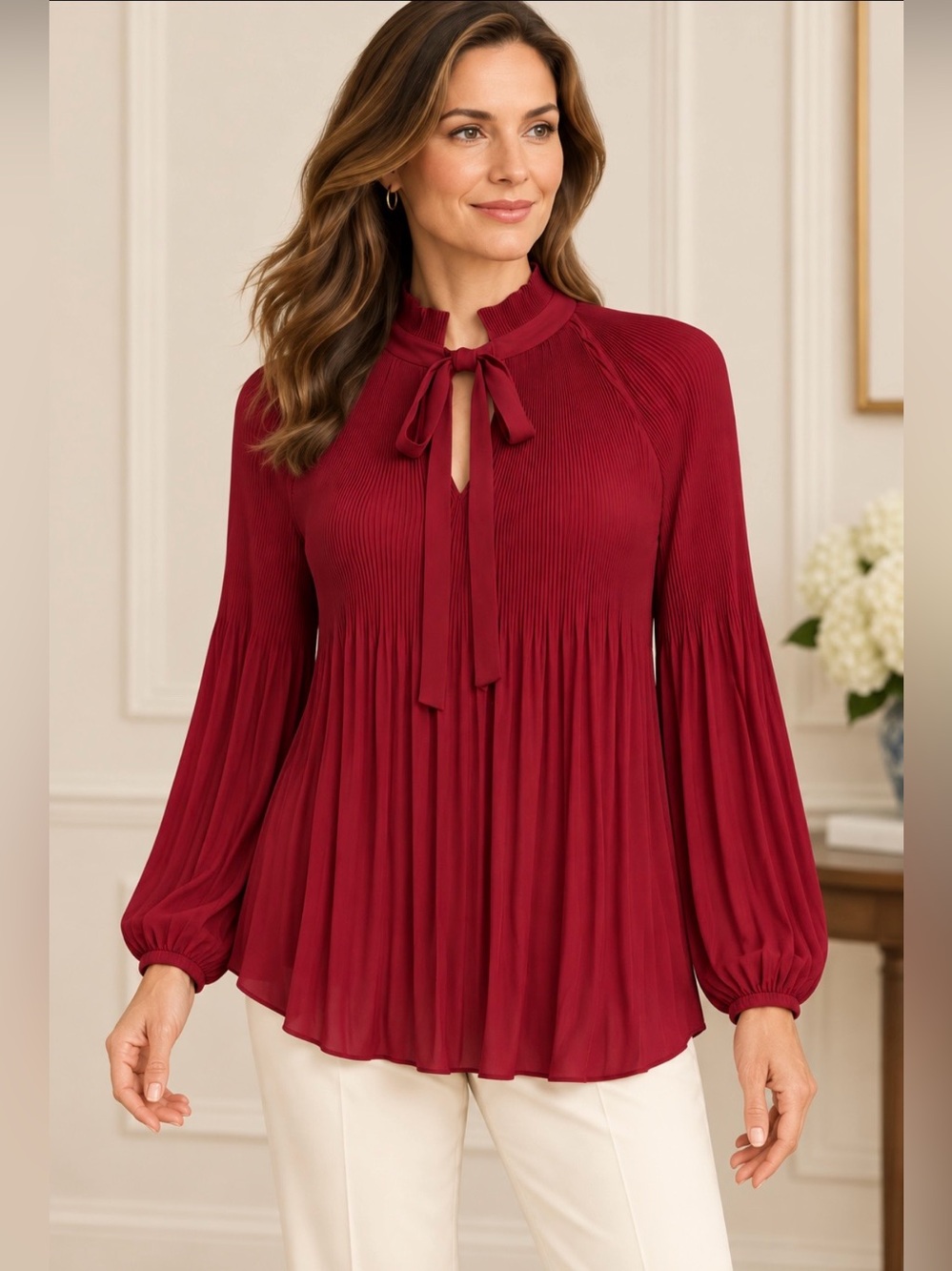 Lauren Ralph Lauren Pleated Tie Neck Blouse Red Women’s Size Large NWT